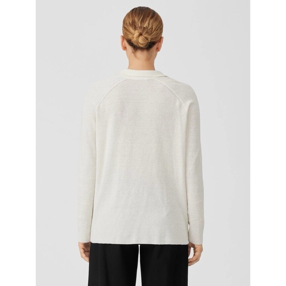 Eileen Fisher Linen Crepe Stretch Top Boxy Ivory Cream Classic Collar Texture M - Picture 4 of 16